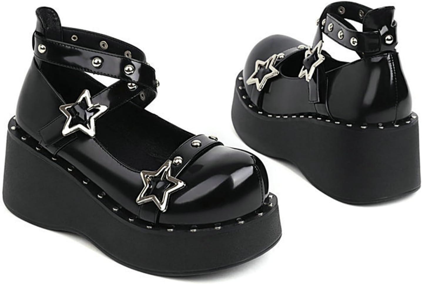 Women Mary Jane Lolita Platform Shoes Ankle Strap Buckle Round Toe Goth Punk Rivet Chunky Uniform School Wedge Pumps Shoes