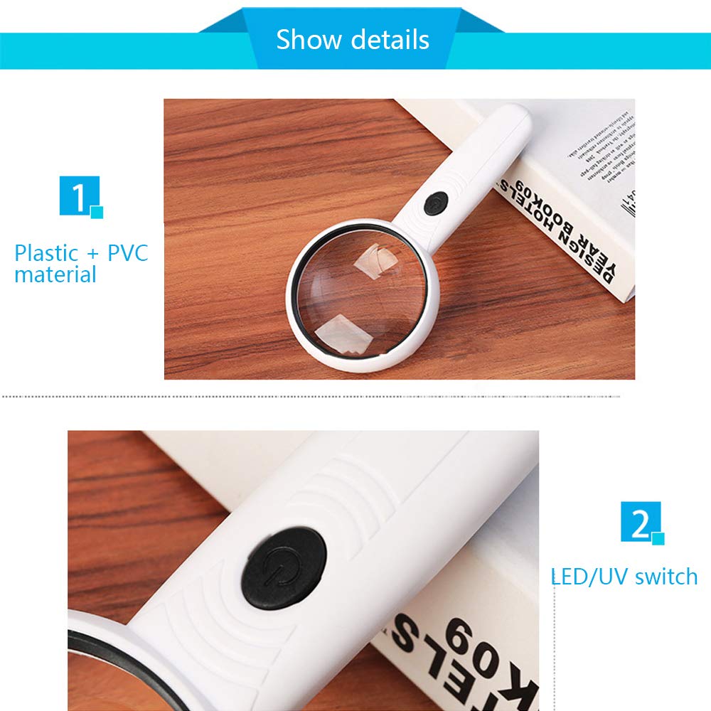 Lupe mit 3 LED-Leuchten, handliche Leuchtlupe, 5- bis 12-fache Vergrößerung, superklare Darstellung, leicht, ideal zum Erkunden und Lesen für Senioren und Kinder