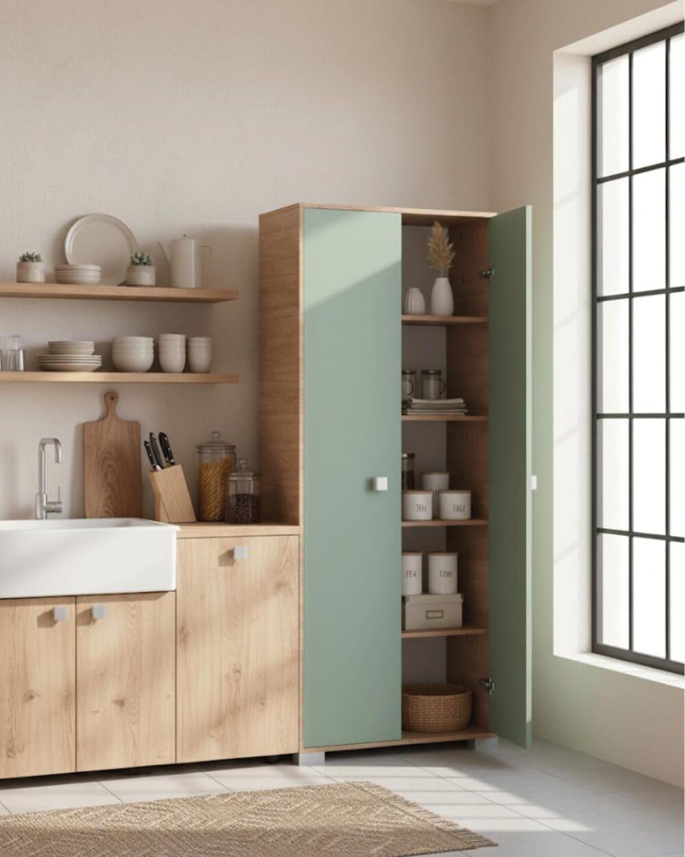 Doomostore. Armadio 2 Ante Clara dispensa Cucina Multiuso Lavanderia spogliatoio 75x35x180H con Ripiani Virginia/Salvia