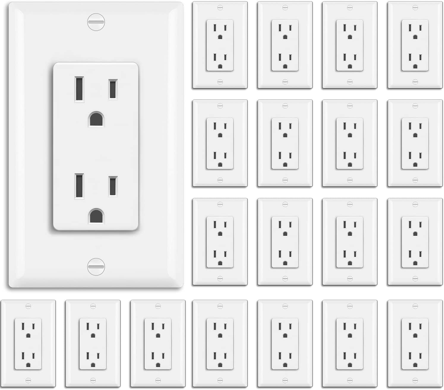 BESTTEN 20 Pack 15 Amp Decorator Wall Receptacle Outlet, Non-Tamper-Resistant, Wallplate Included, 15A/125V/1875W, UL Listed, White