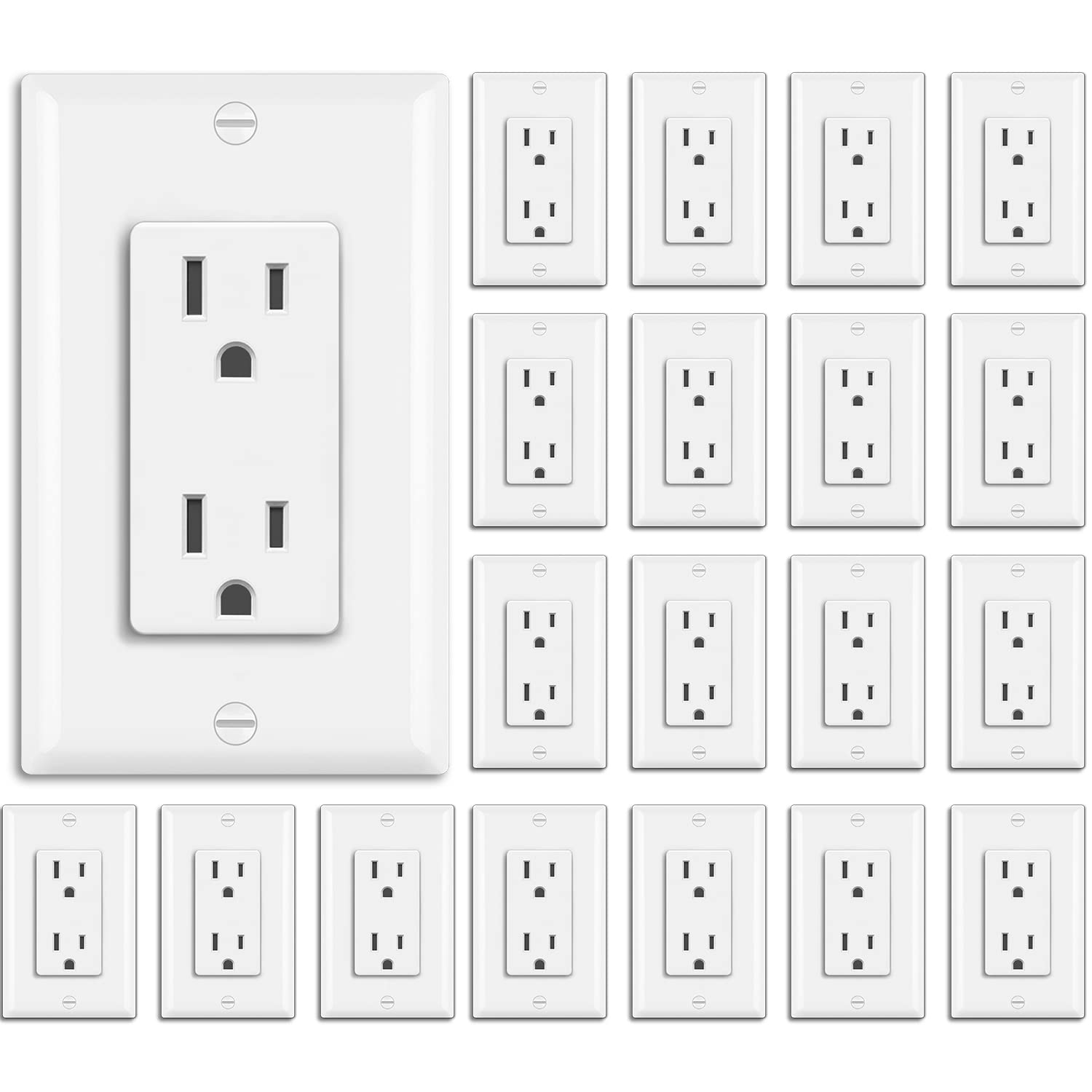 BESTTEN 20-Pack 15A Decorator Wall Outlets, Non-Tamper-Resistant, UL/cUL Listed, 15A/125V/1875W, White Wallplates Included