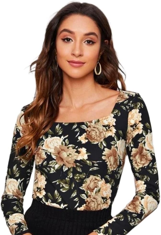 Dream Beauty FashionWomen's Full Sleeve Square Neck Printed Fitted Tee -23" Inches (Sania-Top)