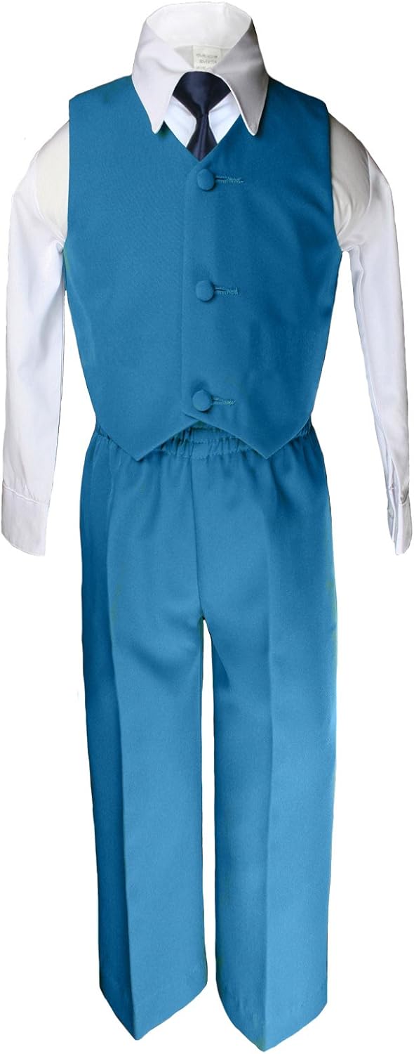 6pc Boys Teal Greenish Blue Tuxedo Suits Satin Navy Necktie Baby to Teen