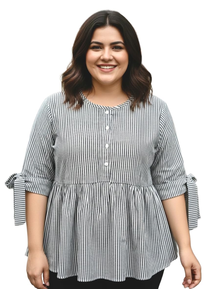 angoori fashion Women's Plus Size Striped Cotton Peplum Top for Women with Tie Cuff Sleeves, Regular Fit-picture-24