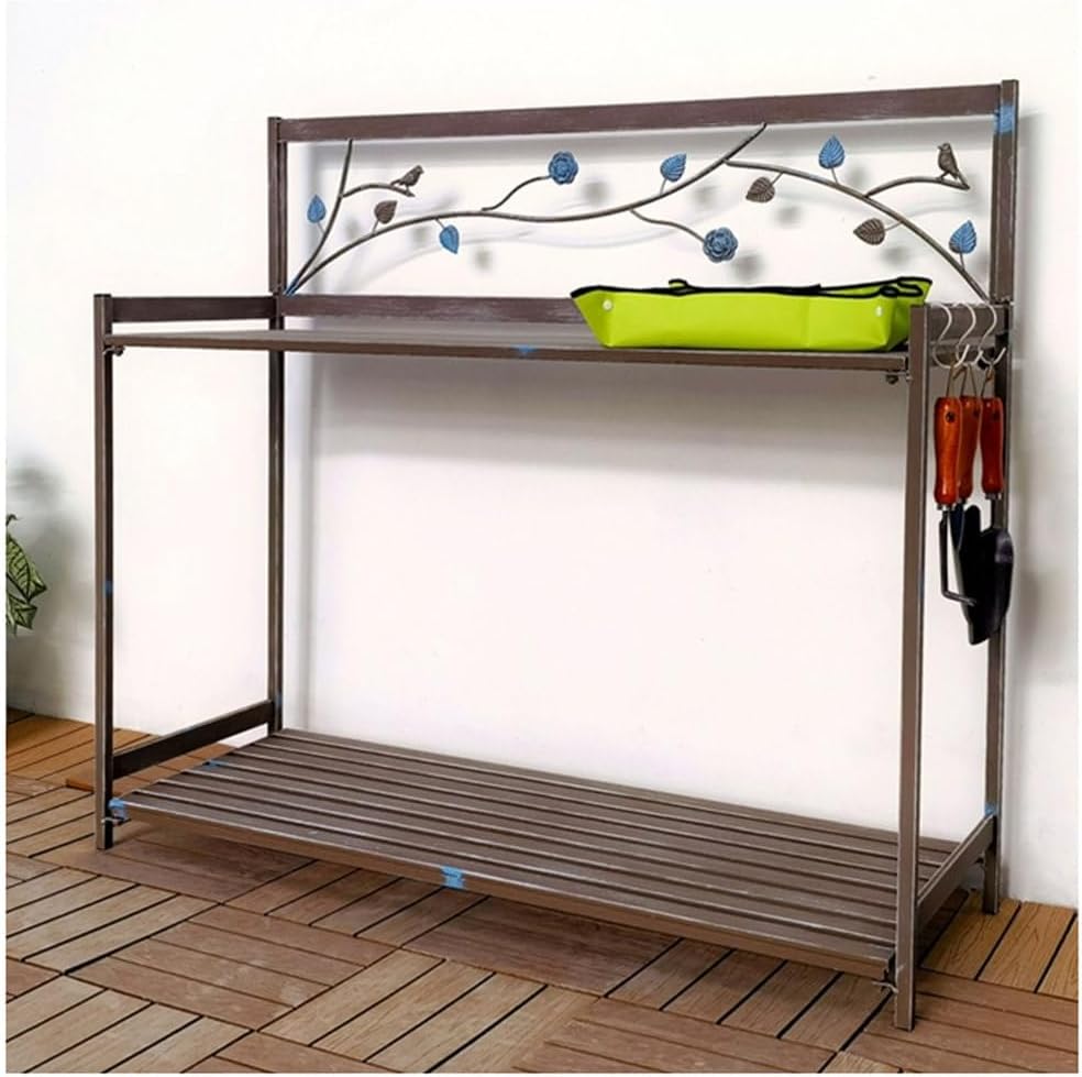 Outdoor Potting Bench with 2- Tier Patio Metal Potting Table Open Shelf, Garden Work Station Table for Planting 126.5x45x115.5cm,White