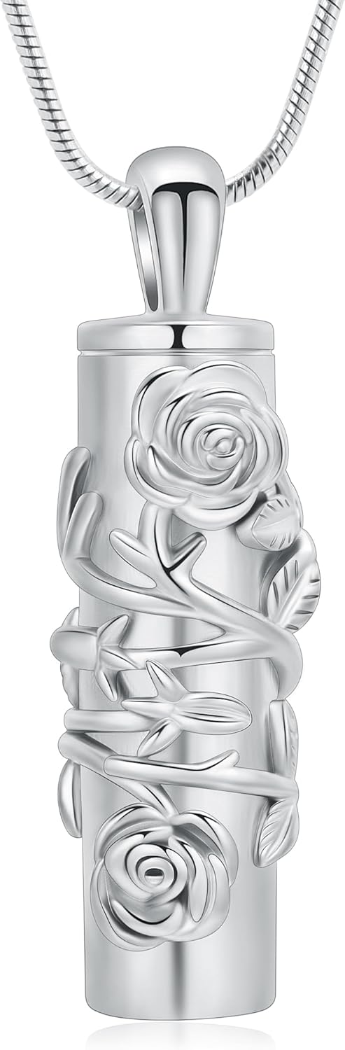 Cylinder Urn Necklace for Ashes Roseflower Cremation Jewelry Urn Ashes Necklace for Women Men Memorial Keepsake Necklace of Loved One