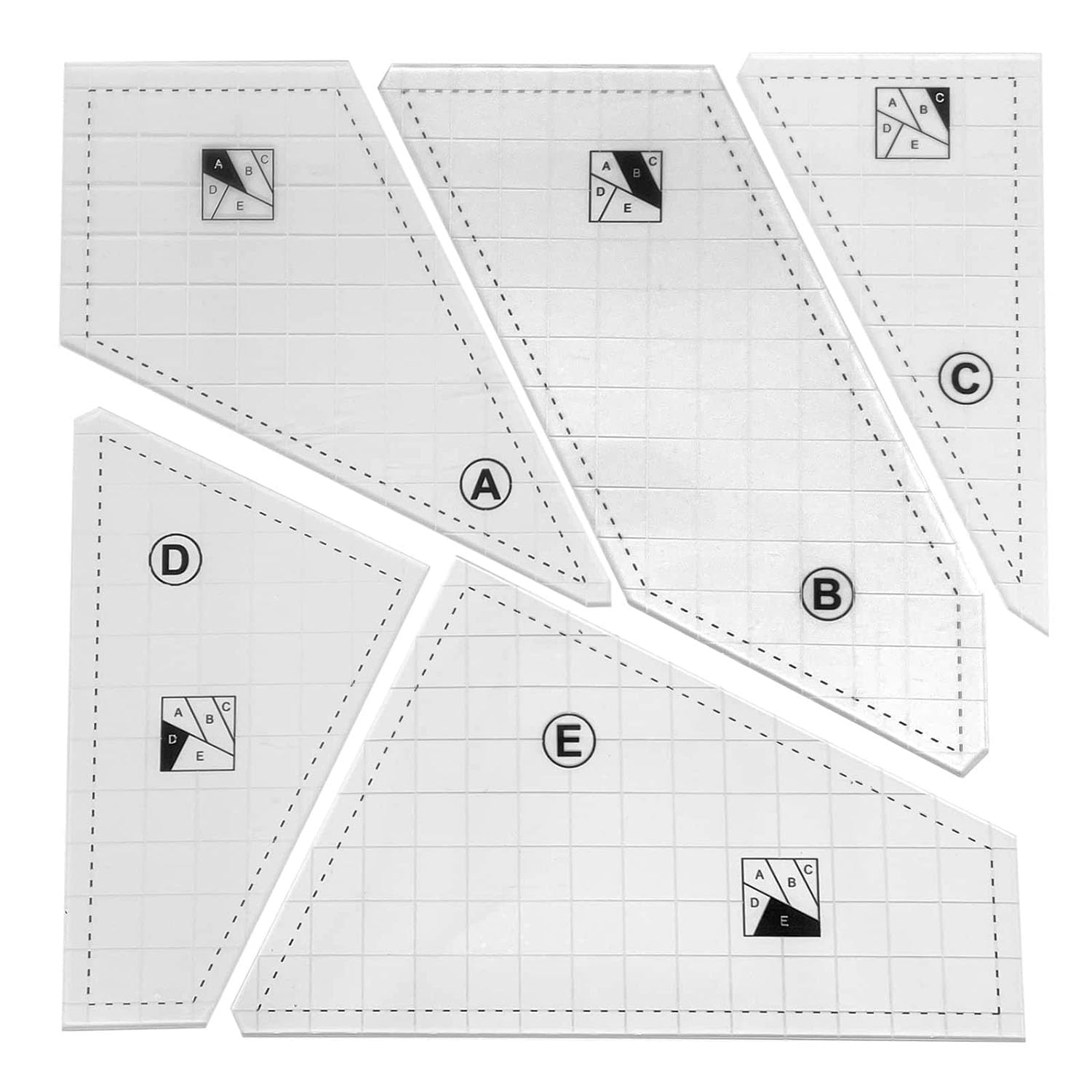 Quilting Rulers 5Pcs Set - Acrylic Creative Quilt Template for Cutting Patterns, Perfect Quilting Supplies for Sewing Machine(A-E)