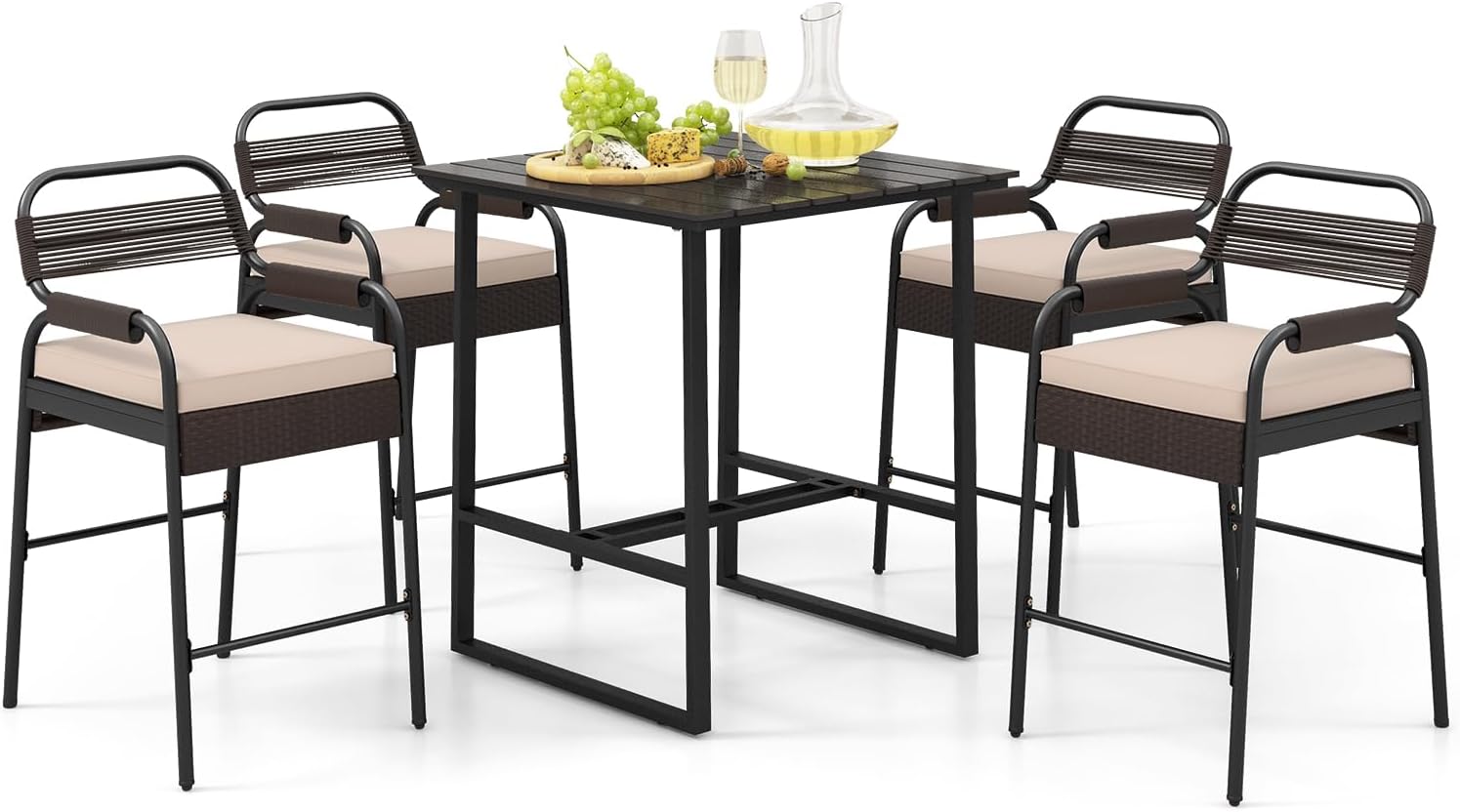 HAPPYGRILL 5 Pieces Patio Bar Set Rattan Wicker Dining Bistro Set with 4 Cushioned Stools & Bar Table, Counter Height, for Outdoor Deck Poolside Backyard