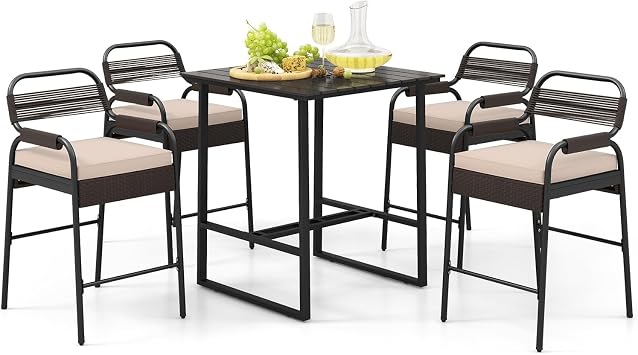 HAPPYGRILL 5 Pieces Patio Bar Set Rattan Wicker Dining Bistro Set with 4 Cushioned Stools & Bar Table, Counter Height, for Outdoor Deck Poolside Backyard