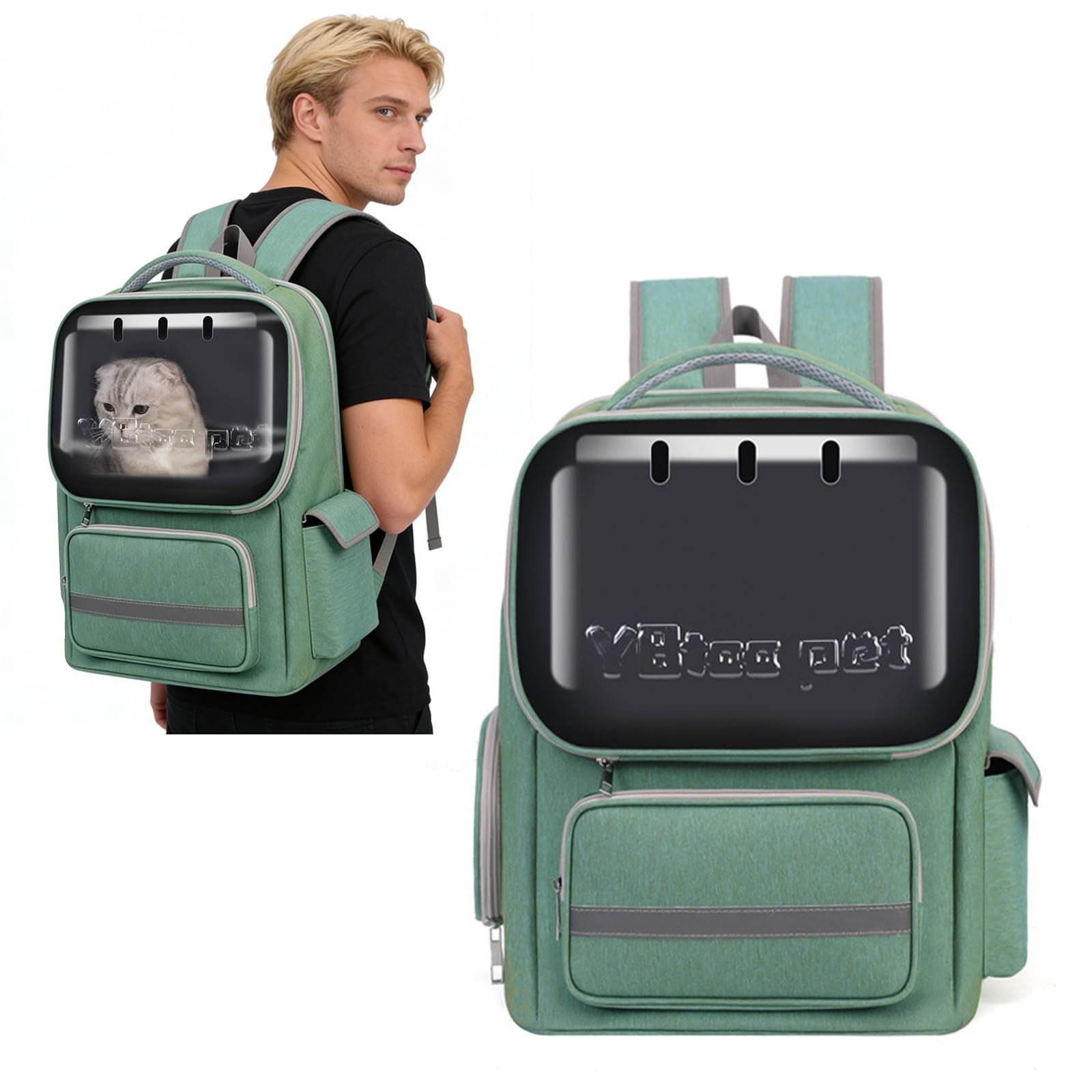 PETCUTE Sac à Dos de Transport pour Chat, Sac à Dos Respirant pour Petits Chats et Chiens avec Tapis Amovible, Réfléchissant,Sacs de Transport pour Chat avec Sangle de Sécurité Intérieure,Vert