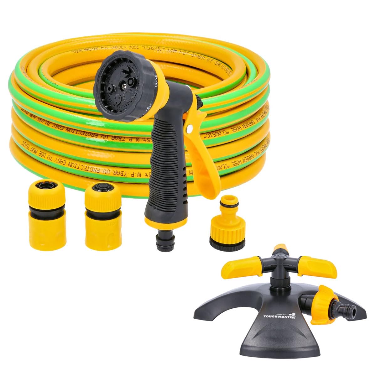 TOUGH MASTER Garden Hose 15m 50ft with 6 Pattern Spray Gun and 3 Nozzles, 3-Layer Reinforced Hosepipe 1/2 inch for Lawn Irrigation (with Sprinkler)