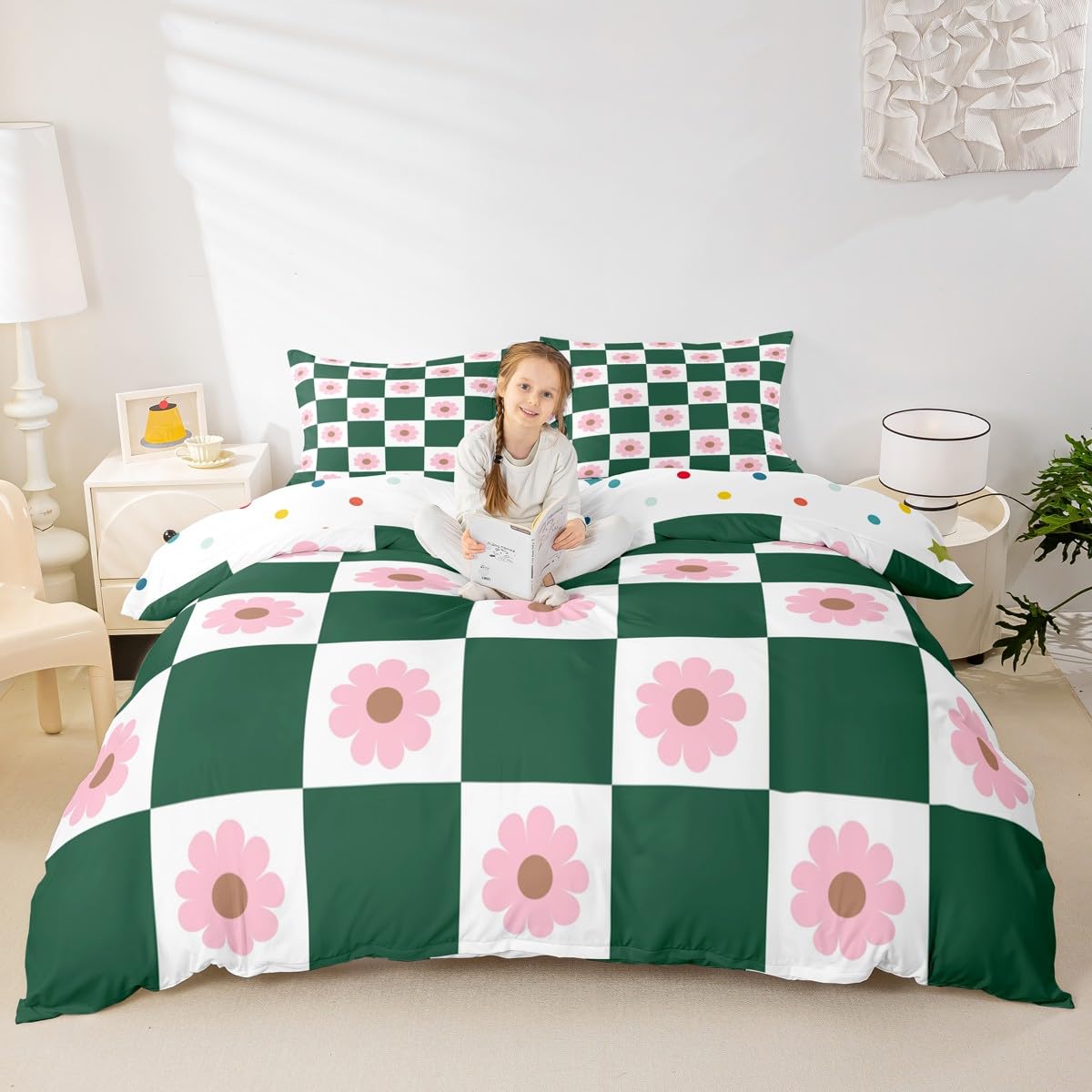 Parure de lit enfants motif géométrique à carreaux et housse de couette rose Manfei
