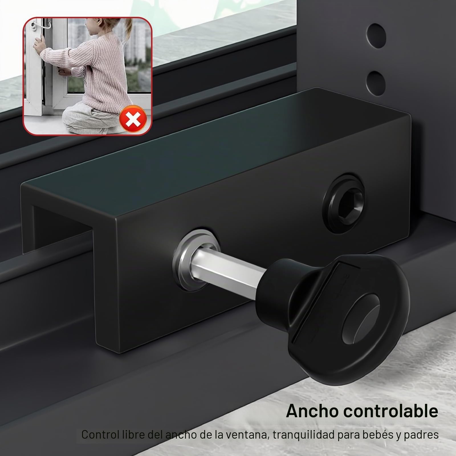 TIANLIN 4 Piezas Seguridad para Ventana Niños, Cerradura de Ventana de Aluminio Negro Ajustable, Adecuada para Puertas Corredizas y Ventanas con un Grosor de 1–16 mm, Incluye 2 Llaves