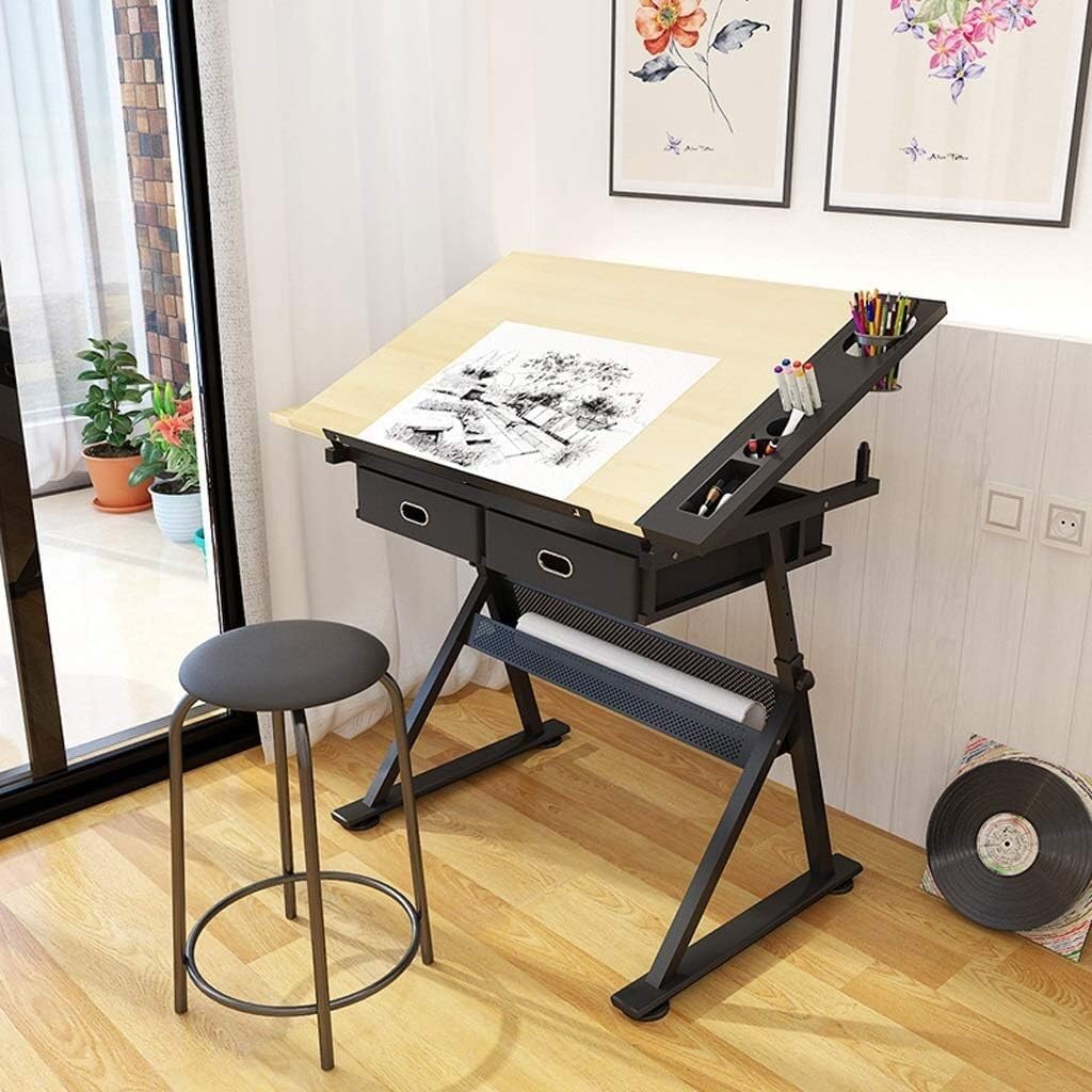 Neigbarer Zeichentisch, Verstellbarer Kunstschreibtisch, Mit Aufbewahrungs-Basteltisch, Zeichentisch Ahornplatte, Zeichenschreibtisch für Kinder und Erwachsene