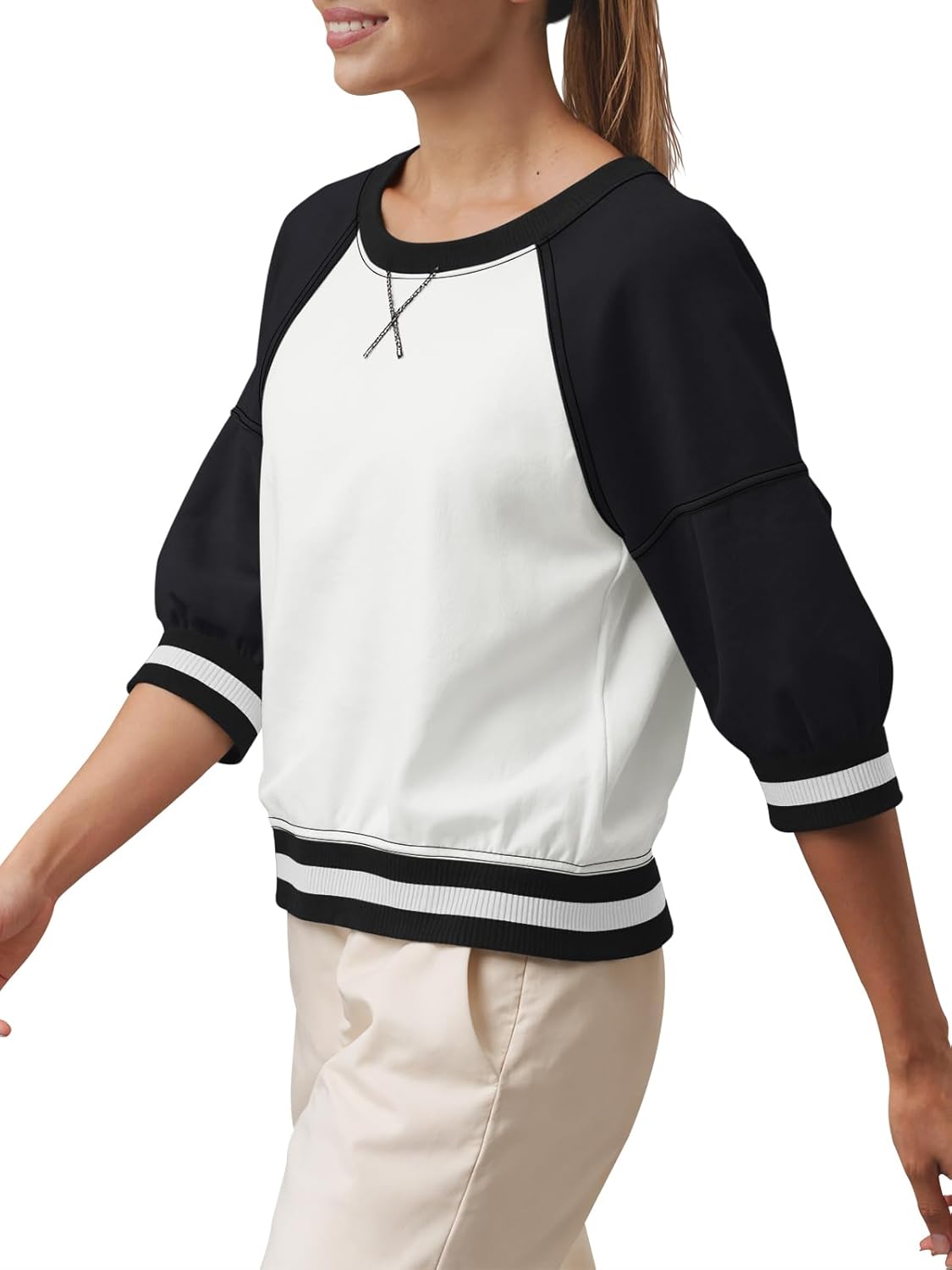 Fisoew Womens Crewneck Sweatshirt Ribbed Raglan Half Sleeve Pullover Tops Color Block Loose Fit Sweatshirts - Image 3