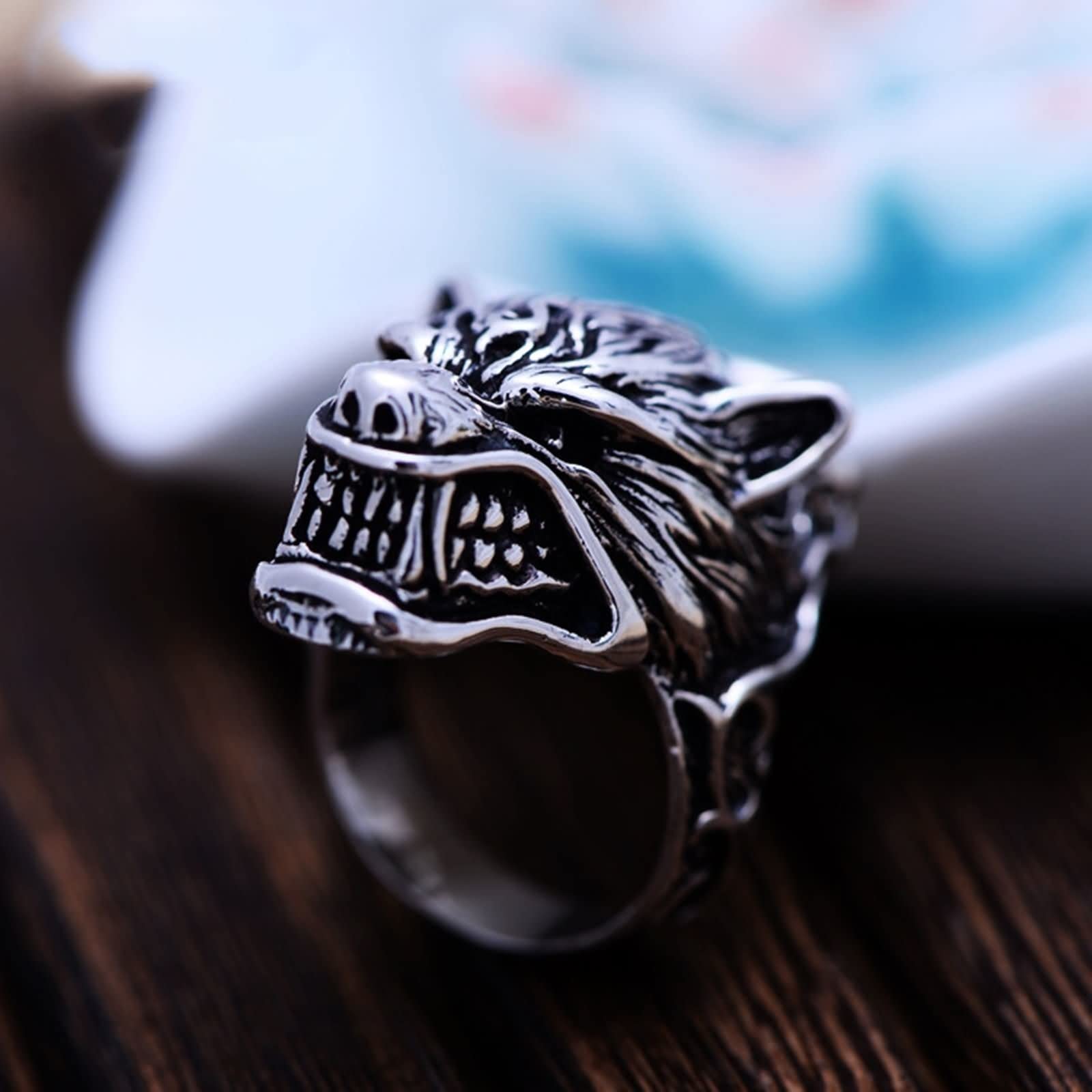 Gualiy Anillos de plata 925 para hombre, anillos de promesa masculinos, S925 de plata Punk Rock Wolf Head Anillo de boda tamaño O 1/2 - X 1/2, Sin piedras preciosas,