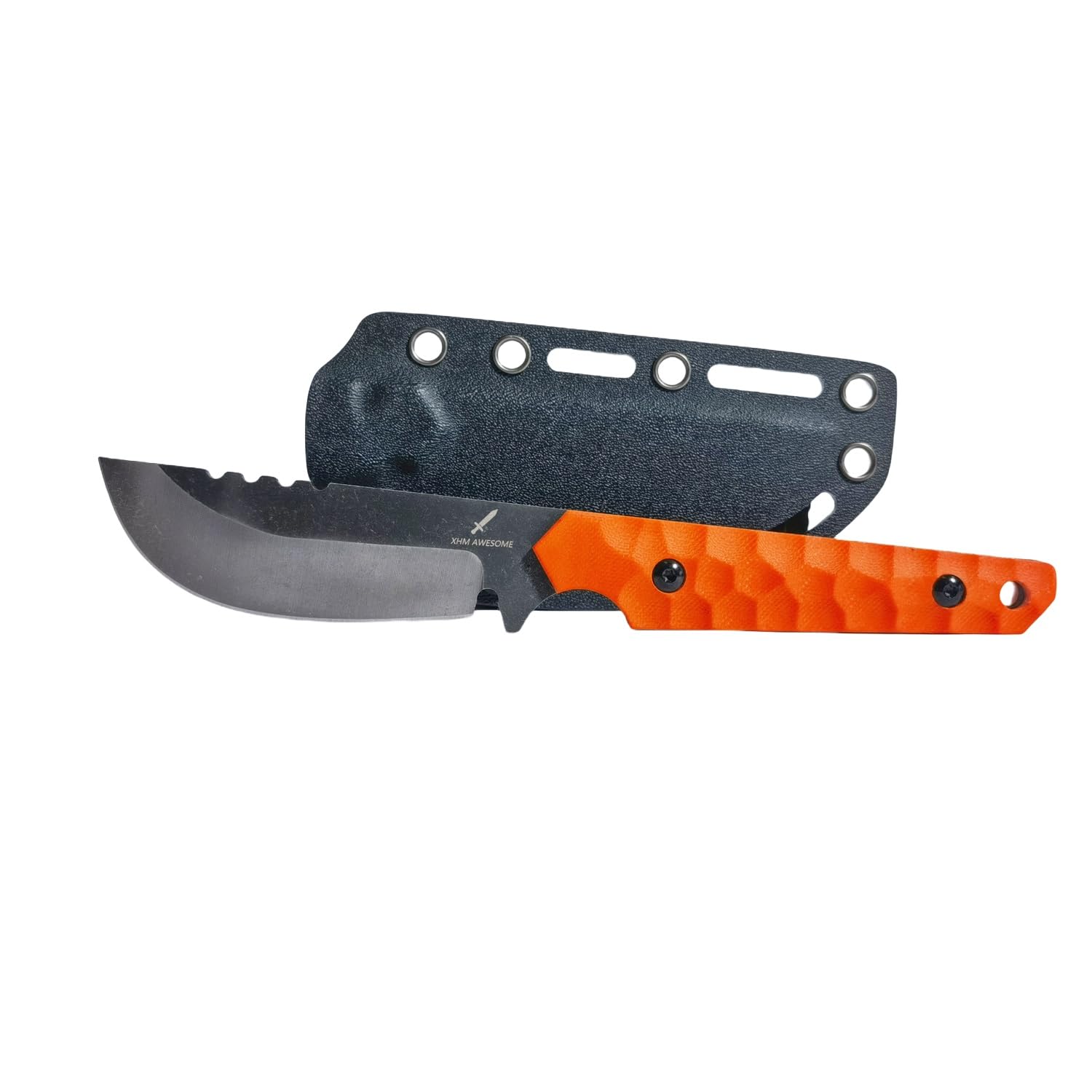 XHM Awesome Tactical Fixed Blade Knife - Stonewashed 7Cr13MoV Steel, Anti-Slip Orange G10 Handle, Dual Carry Kydex Sheath (Vertical/Horizontal) for Hunting, Camping, Survival & EDC