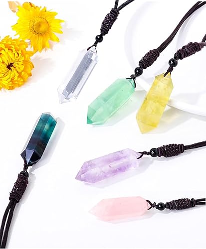 Miniatura 8 de Péndulo de cristal natural para adivinación, coloridos colgantes de cristal curativo de cuarzo, varita de cristal de doble punta, 6 facetas