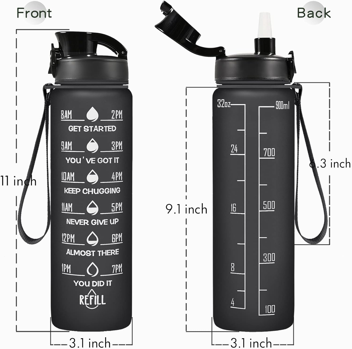 Enerbone 32 oz Water Bottle, Leakproof BPA & Toxic Free, Motivational Water Bottle with Times to Drink and Straw, Fitness Sports Water Bottle with Strap for Office, Gym, Outdoor Sports, Black Matte : Sports & Outdoors