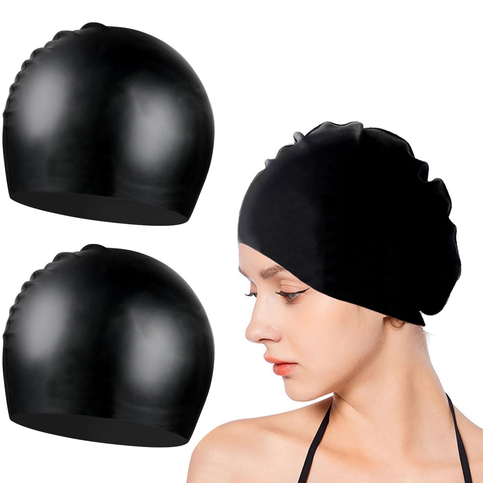 2-pack Large Swimming Cap Women Long Hair, Elastic Non-Slip & Waterproof Swim Hat, Comfortable Hypoallergenic Swim Caps for Women (2, Black*2【S】)