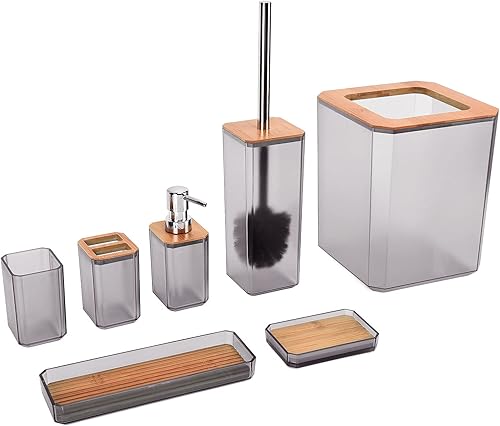 Fydun Bamboo Bathroom Accessories Set 7 Pieces Soap Dish Tooth Tray Set for Home Hotel Black Wide Range of Uses (Grey)