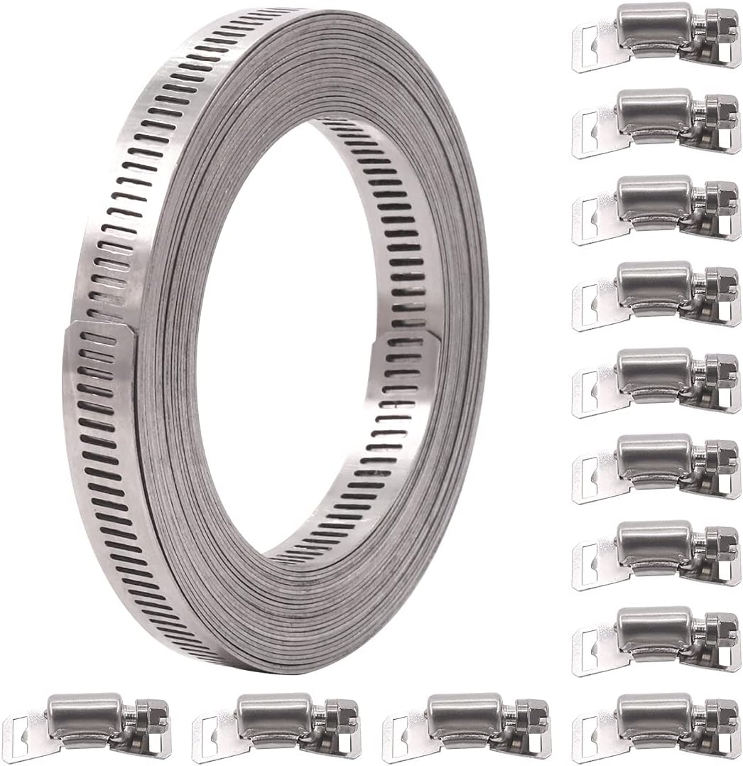 Glarks 7Pcs 10 Feet Long Worm Gear Hose Clamp with Fasteners, 304 Stainless Steel Large Adjustable Pipe Clamps with 6Pcs Fasteners for Ductwork, Pole Securing and Strapping (10 FT Strap +6 Fasteners)