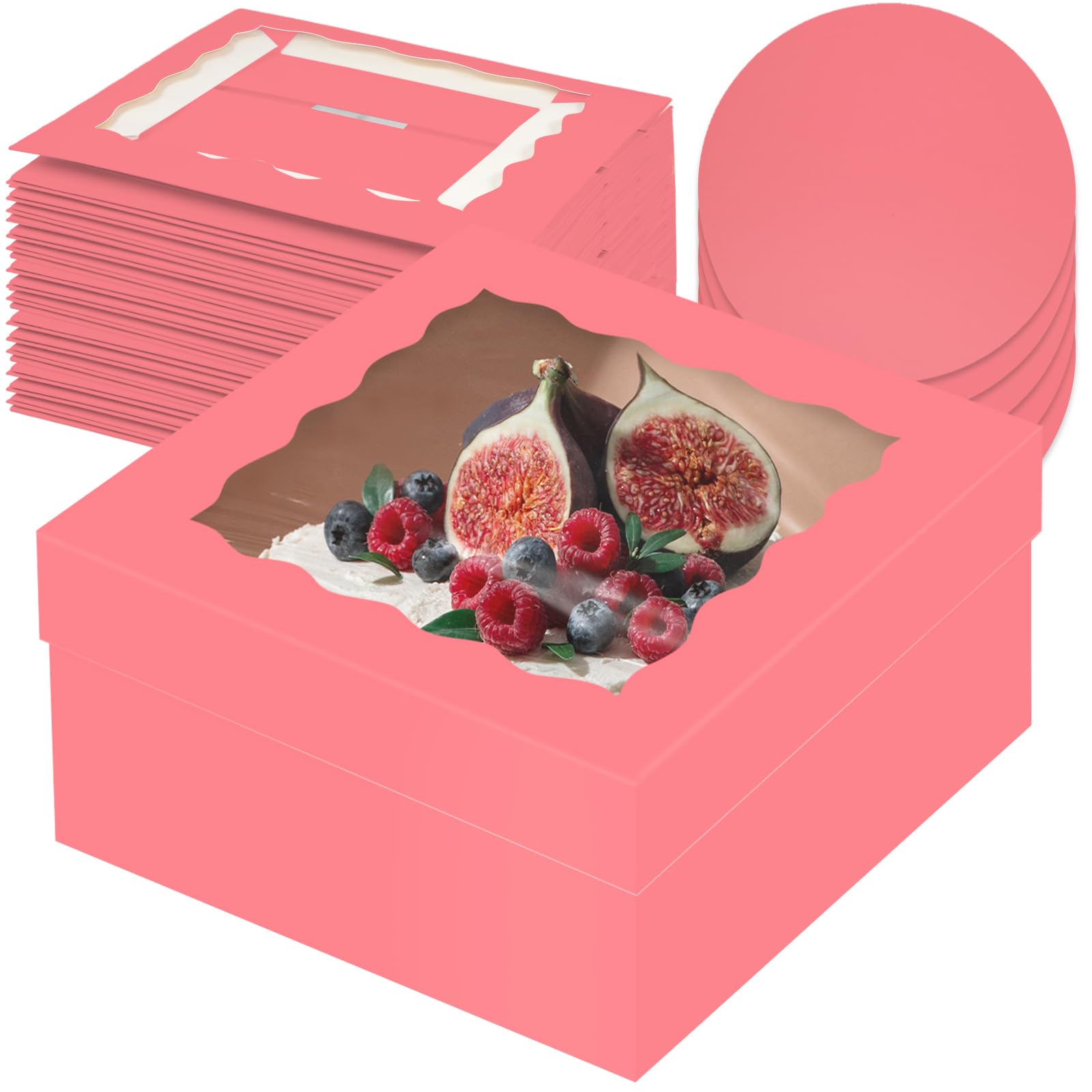 Gcardist 12x12x6 Inch Cake Box, 5 Sets Coral Orange Cake Box with Window & 5 Sets 12 Inch Coral Orange Cake Round Boards