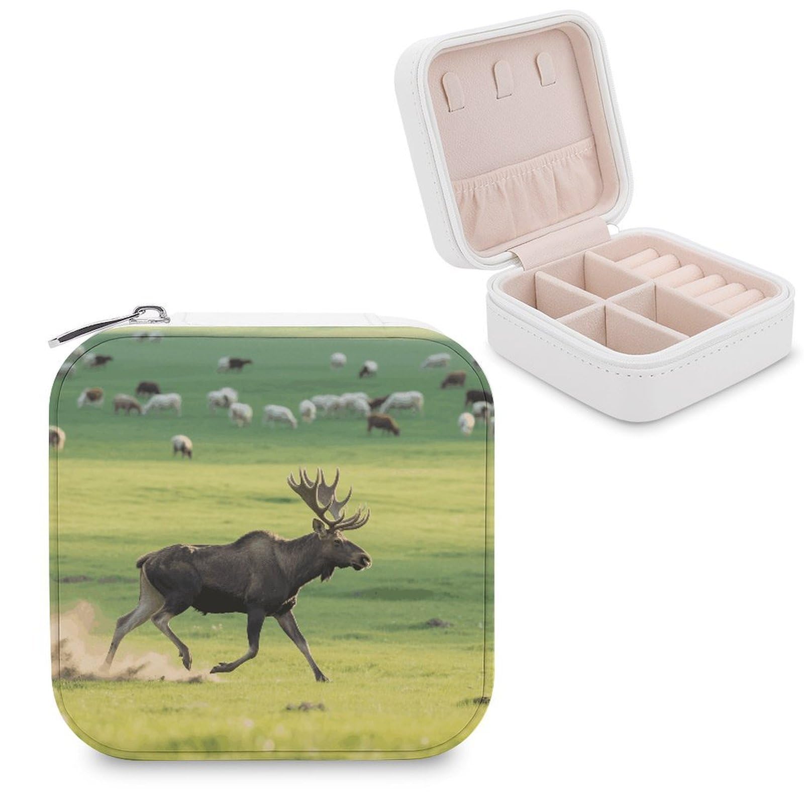 VstaDank Moose Jewelry Organizer Travel Case for Women With Zipper Mini Jewelry Case PU Leather Jewelrys Box for Rings Necklaces Bracelets Earring Holder Organizer Storage