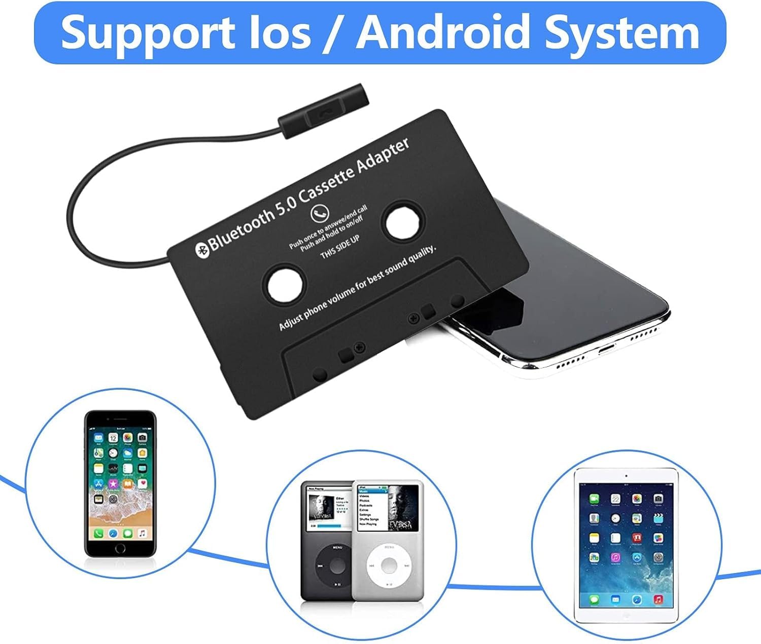 Adattatore Cassetta Autoradio BT 5.0, Aux Adaptador Cassetta Adattatore da Auto con Microfono per Chiamate Lettore di Cassette per MP3 CD Convertitore Radio