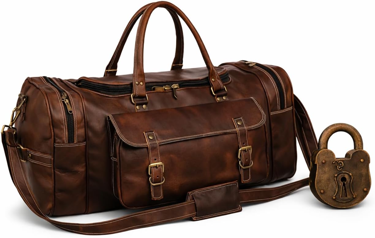 Personalized Travel Duffel Bag Handmade Leather Unisex Overnight Weekender, Men’s Carry-On & Women’s Travel Accessory Bag with Timeless Style (Small)