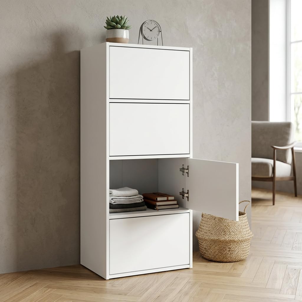 Mobile Moderno Bianco per Camera da Letto e Soggiorno – Cassettiera Alta con 4 Ante, Scarpiera Salvaspazio, Credenza Multifunzionale, Mobiletto 50x39x120 cm