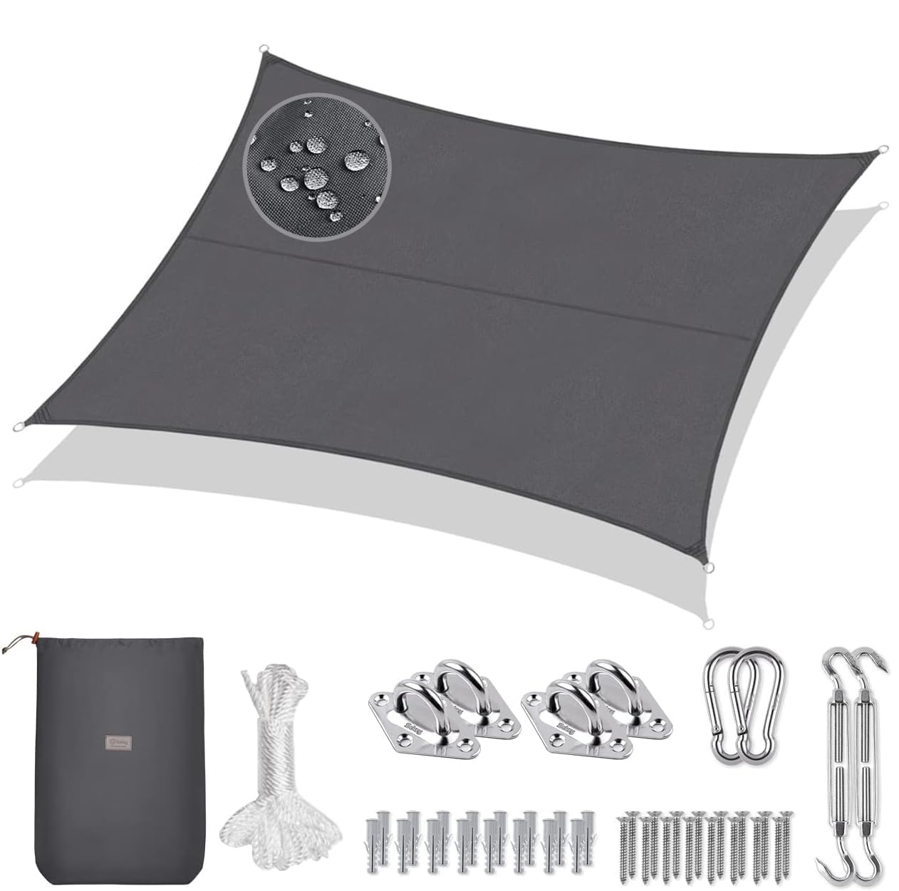 Sekey Sonnensegel Wasserdicht 3x5m Rechteckig mit Edelstahl Befestigungs Kit PES Polyester, Sonnenschutz 95% UV Schutz Windschutz Reißfest Wetterfest, für Balkon Garten, Anthrazit