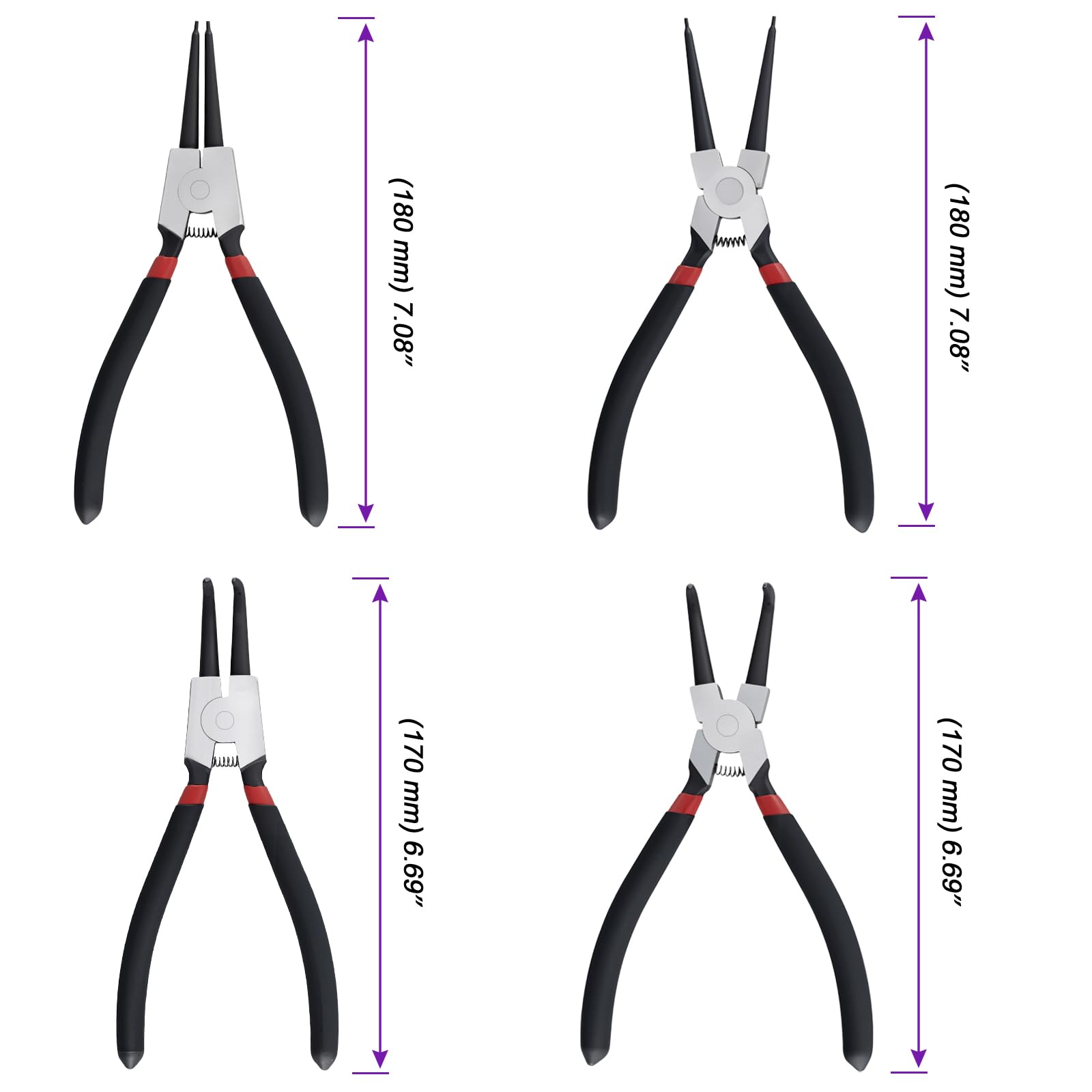 Set di 8 pinze per anelli elastici, 180 mm, per fusibili interni ed esterni, pinze per seeger dritte e curve, set di pinze per riparazione biciclette, officina, riparazione auto