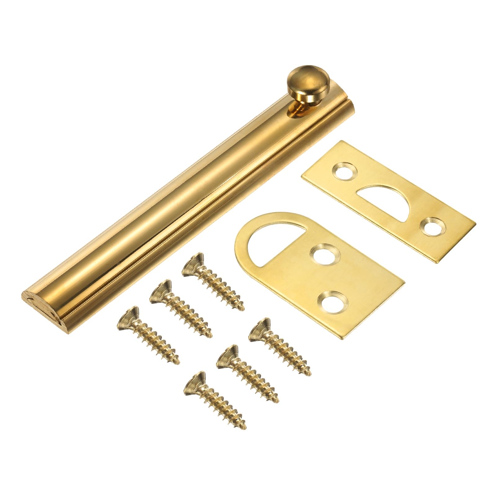 sourcing map 4" Solid Brass Surface Bolt, Concealed Security Slide Latch Door Lock with Screws, Polished French Door Lock for Closet Cabinet Recessed Doors, Brass Tone
