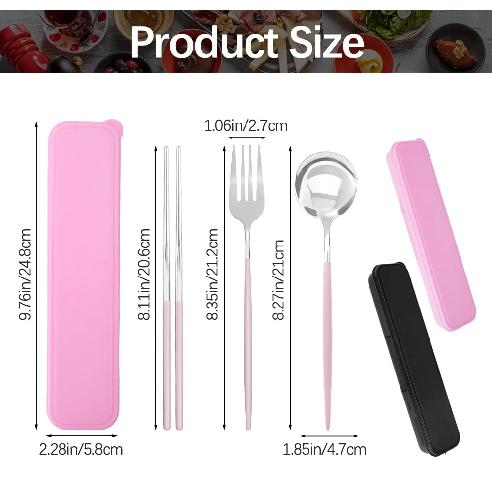 JEPELUS 2 Pcs Chopsticks Fork Spoon Sets with Case, Safe Stainless Steel Pink Black Silverware Set Picnic Camping School Lunch, Portable Reusable Travel Cutlery Flatware Utensils Set Dishwasher Safe