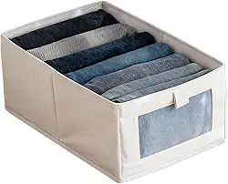 Caixa Organizadora em Algodão/Linho com Visor Transparente, Organizador Dobrável para Guarda-Roupa e Gavetas, Material Natural e Respirável (1 Peça)