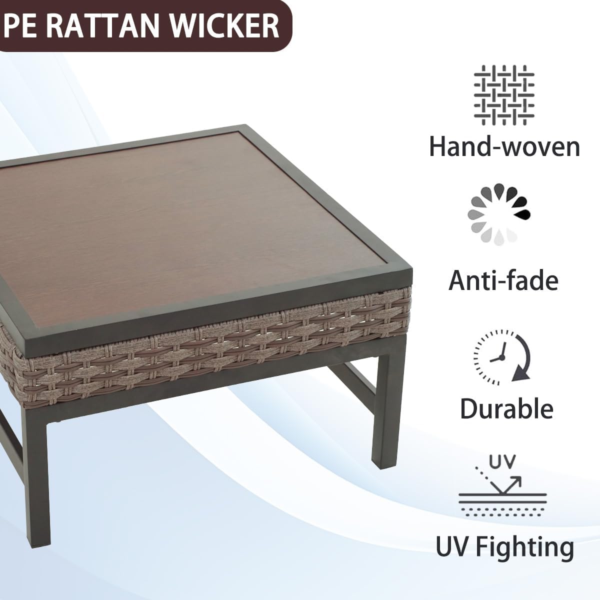 Outdoor Coffee Table 23.6''×23.6'' Patio Metal Table with Wood Grain Top Outside Table Slatted Tabletop for Lawn, Garden, Deck, Backyard, Porch