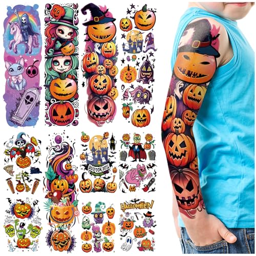 Halloween Temporary Tattoos for Kids, 52 Sheets Full Arm Sleeve Halloween Fake Tattoos for Boys and Girls, Ghost Pumpkin Witch Pattern for Halloween Party Favors