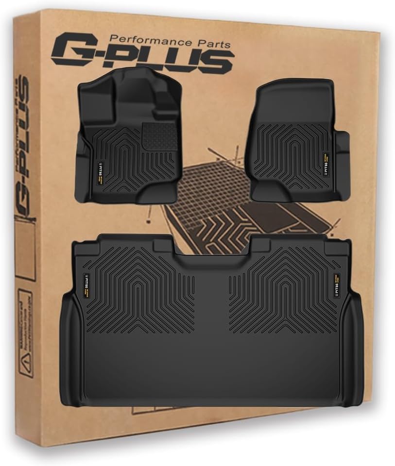 G-PLUS Floor Mats Compatible with Ford F150 SuperCrew 2015-2024(Includes 2022-2024 Lightning Models) w/o Fold Flat Storage,TPE All Weather Full Cover Protection 3 PCS Cargo Liners
