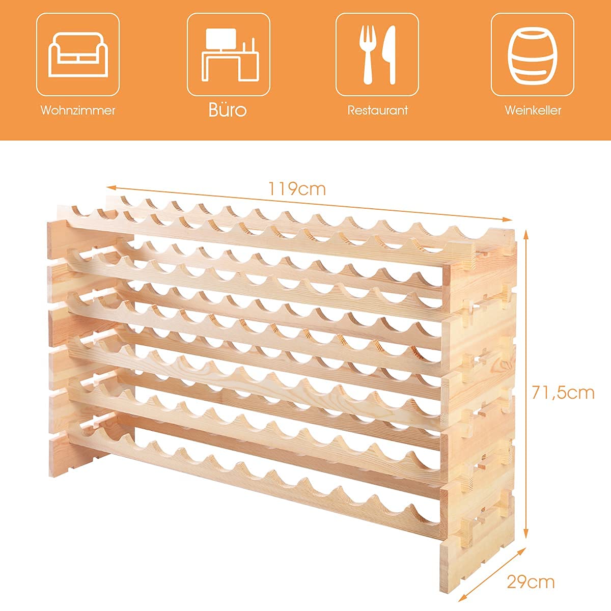 RELAX4LIFE Weinregal Kiefer, Weinschrank für 72 Weinflaschen, 6 Höhe Stapelbar, Weinständer für Küche & Wohnzimmer & Kneipe & Bar, ideale Weinfalschenregal für Weinliebhaber und Sammler, Natur