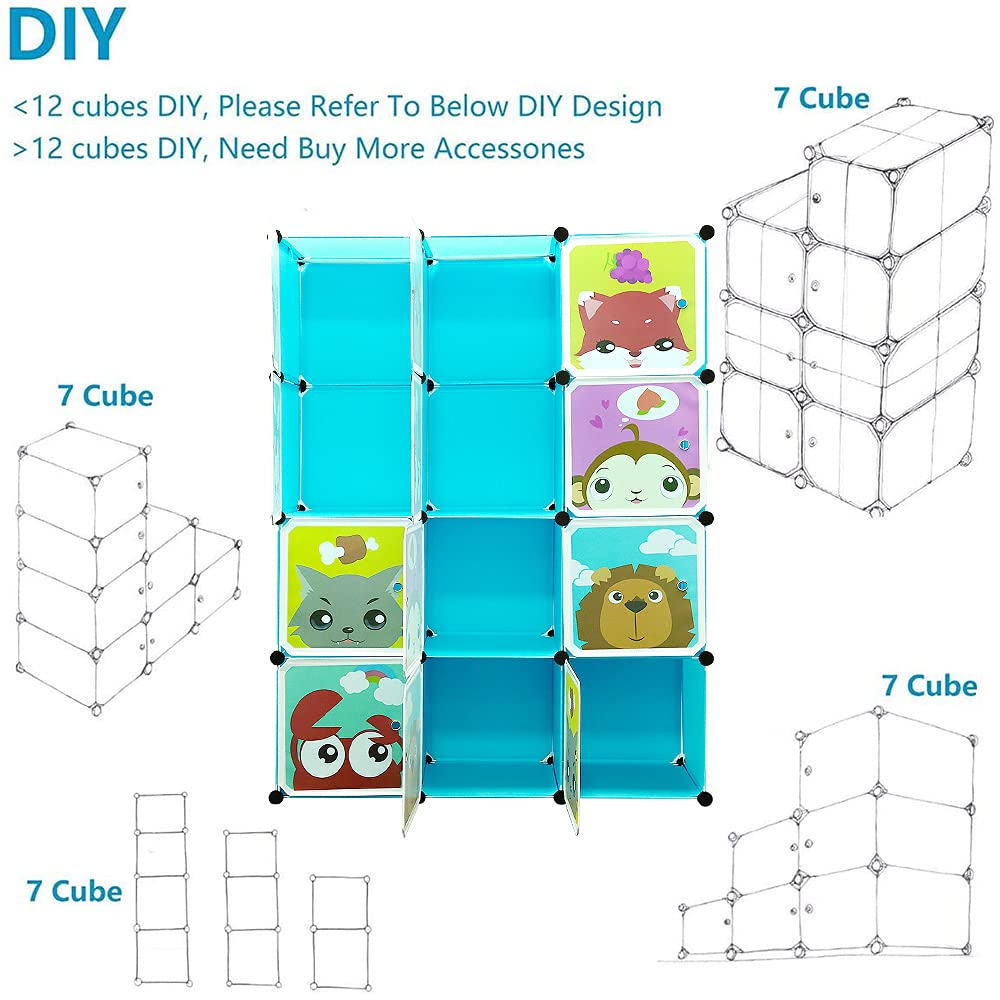 Mueble de almacenamiento infantil con 12 cubos, armario modulable con puertas, motivos de animales, estantería de plástico para juguetes, ropa y bolsas escolares (azul)