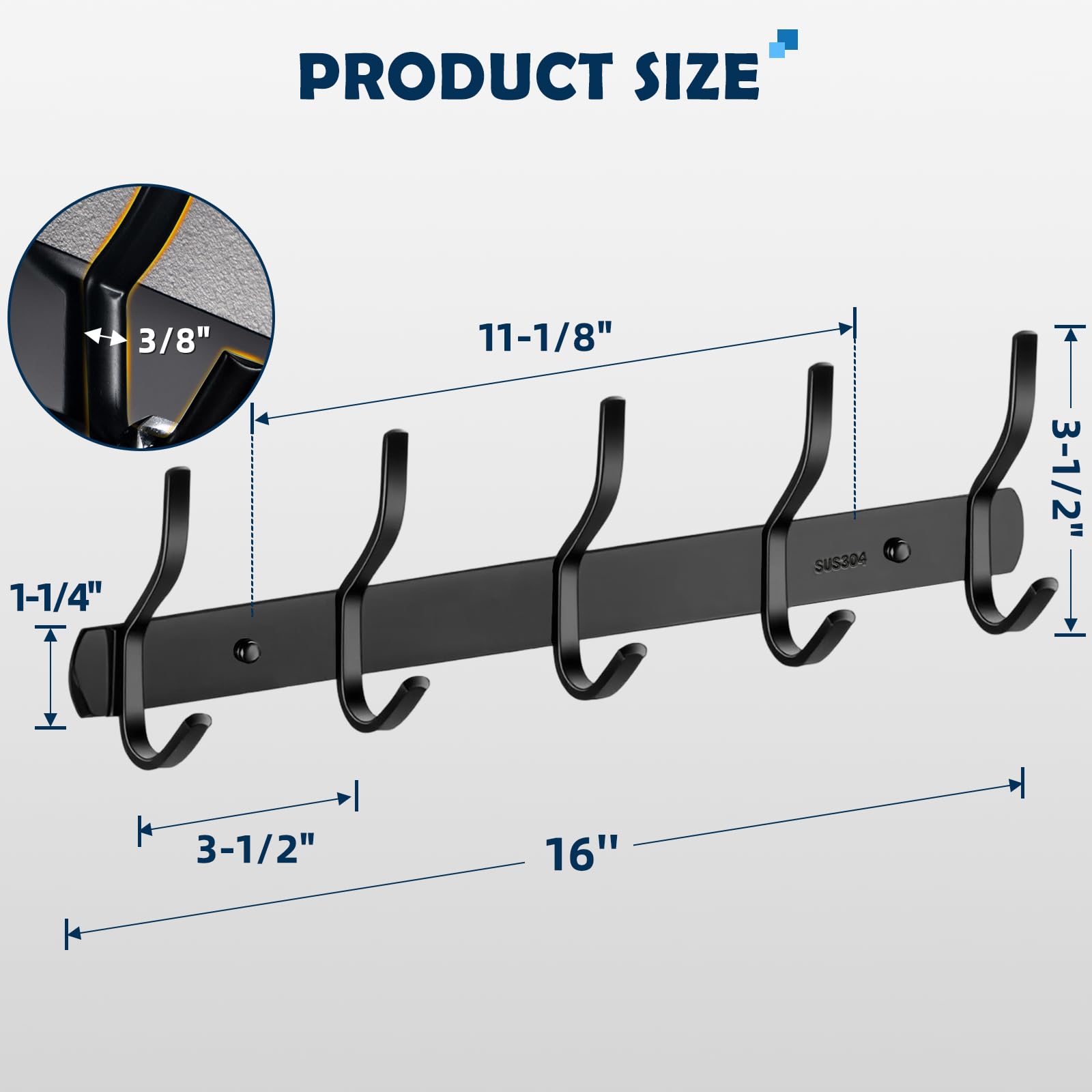 Ganchos gruesos de acero inoxidable 304 – 40,6 cm, 5 ganchos de dos ganchos para colgar en la pared, resistente al óxido, soporte de pared, ganchos antideslizantes para toallas, soporta hasta 44