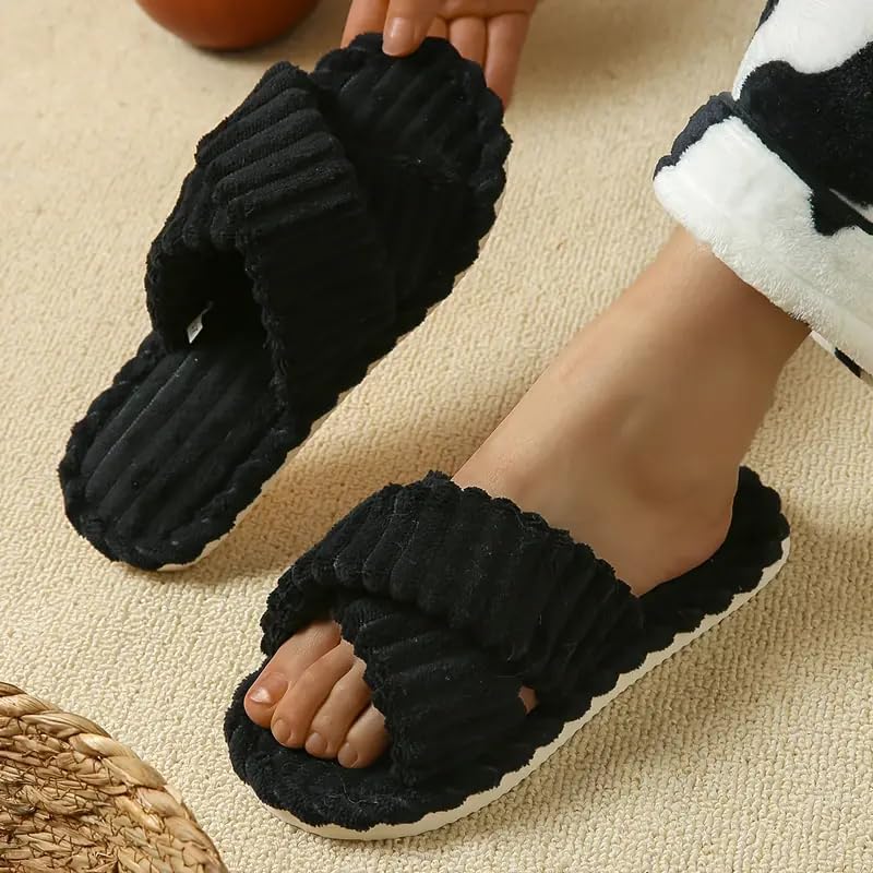 Image of SILENCIO Slippers for Women House Bedroom Furry Cross Bands Slide Shoes Anti-Skid Sole Open Toe Slippers Indoor & Outdoor