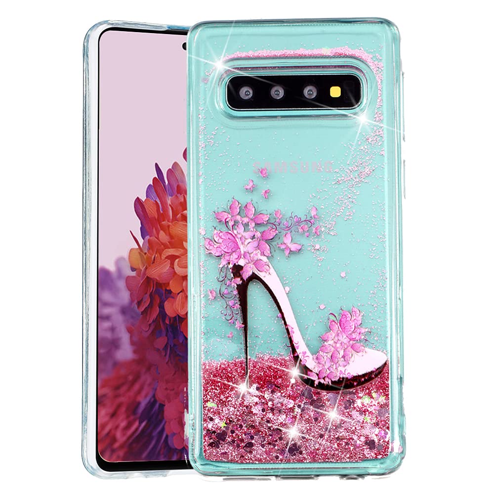 LEECOCO Galaxy S10 Plus Case Dandelion Bling Glitter Liquid Shiny Quicksand Clear Transparent Soft TPU Silicone Shockproof Protection Bumper Cover for Samsung Galaxy S10 Plus High Heels LS XY