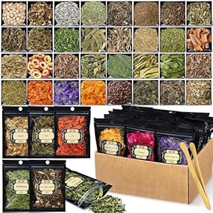 HOOMUU 38 hierbas para brujería, suministros de brujería, hierbas secas y flores para principiantes de bruja, kit de brujería para suministros de altar, pagano, rituales wiccanos, rituales mágicos y