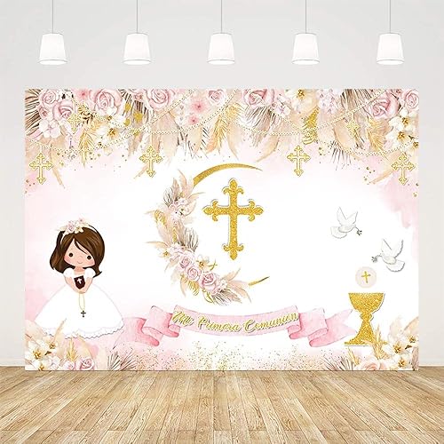 Vista 7 de Telón de fondo bohemio de bautismo de 7 x 5 pies para niña, Mi Primera, comunión, bautizo, fotografía, fondo de fotografía de Dios bendiga