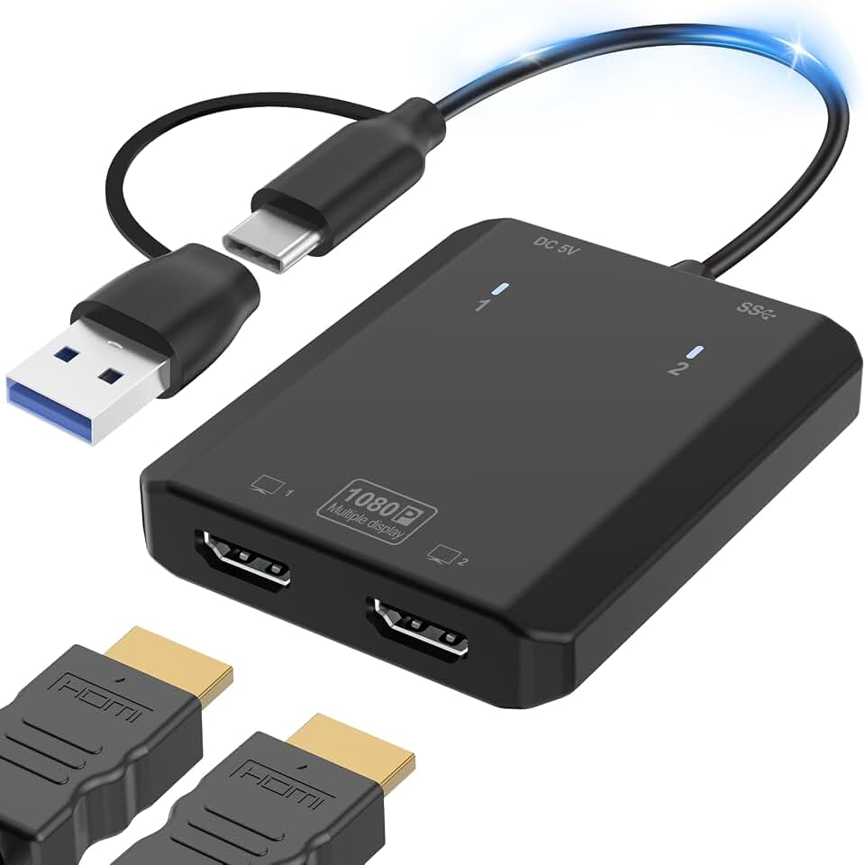 Herfair Adaptador USB para HDMI [Full HD 1080p] Divisor HDMI para monitores duplos USB 3.0 para conversor de tela estendida 1 entrada e 2 saídas para laptops MacOS/Windows 11/10/8/7