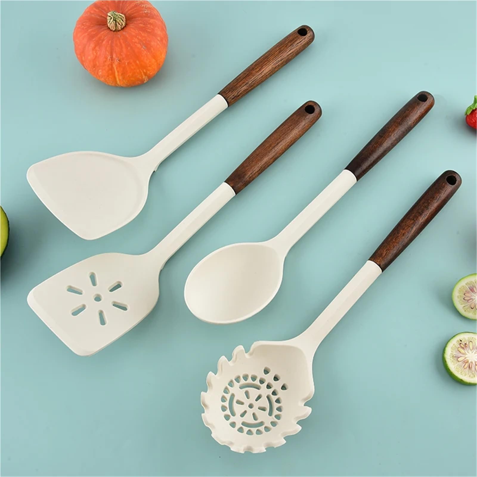 Juego de Utensilios Cocina Silicona, 7 Uds., Olla, Pala, Cuchara for Sopa, Garra Espagueti, Juego con Estante Almacenamiento, Conjunto domésticos para Cocina(Black)