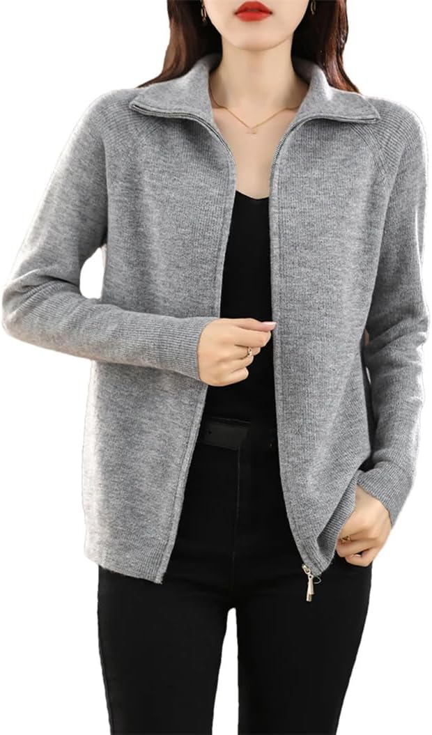 Women's Rayon Blend Knit Cardigan with Double Zippers Long Sleeve Open Front Jacket Loose Drapey Cardigan Sweater