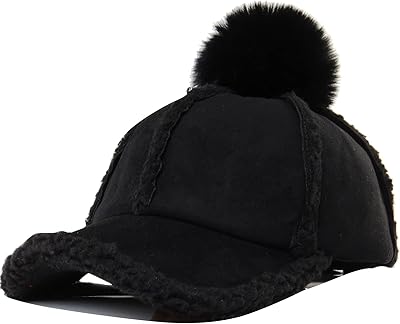KEKY Winter Men Women Suede Baseball Cap Black Adjustable Hip-Hop Caps Warm Faux Fur Pom Pom Ball Hat Windproof (Classic Black)